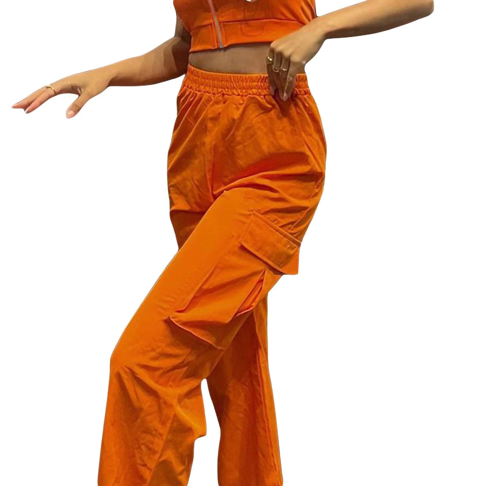 New Women's Casual Pants, Elastic Waist Solid Color Straight Leg Pocketed Loose Cargo Trousers - Lizbert