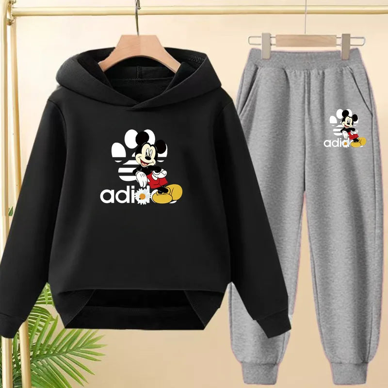 Children's Black Hoodie Anime Mickey Print Pullover 3-12Yrs Coat Sweatshirt+Pants Boys Girls Toddler Sports Clothing Leisure Set
