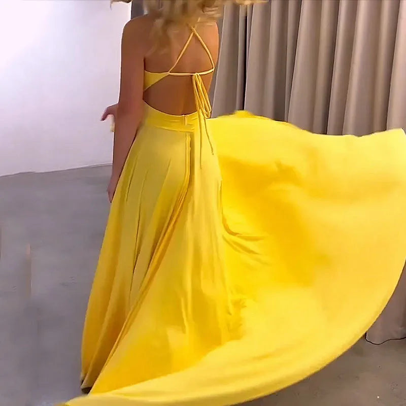 Women Sexy Spaghetti Strap V Neck Dresses Hollow Out Sleeveless Side Split Evening Dress Elegant Solid High Waist Pleat Vestidos - Lizbert