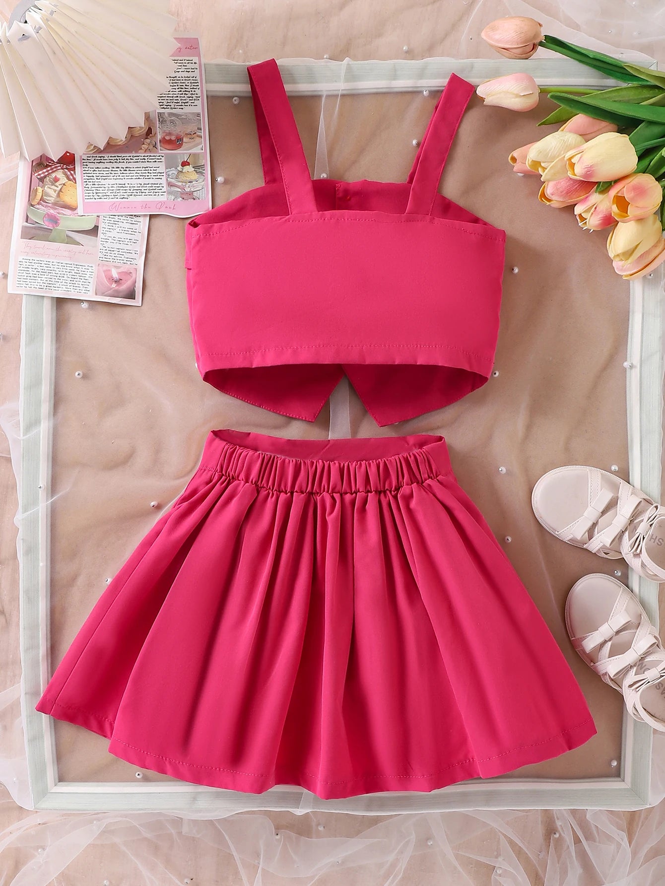 2PCS  Summer New Style Girls 2-7 Years Old Sweet And Comfortable Suspender Top + Pleated Skirt