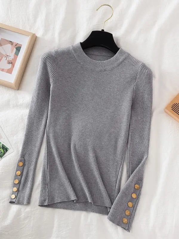 2025 women thick sweater pullovers khaki casual autumn winter button o-neck chic sweater female slim knit top soft jumper tops - Lizbert