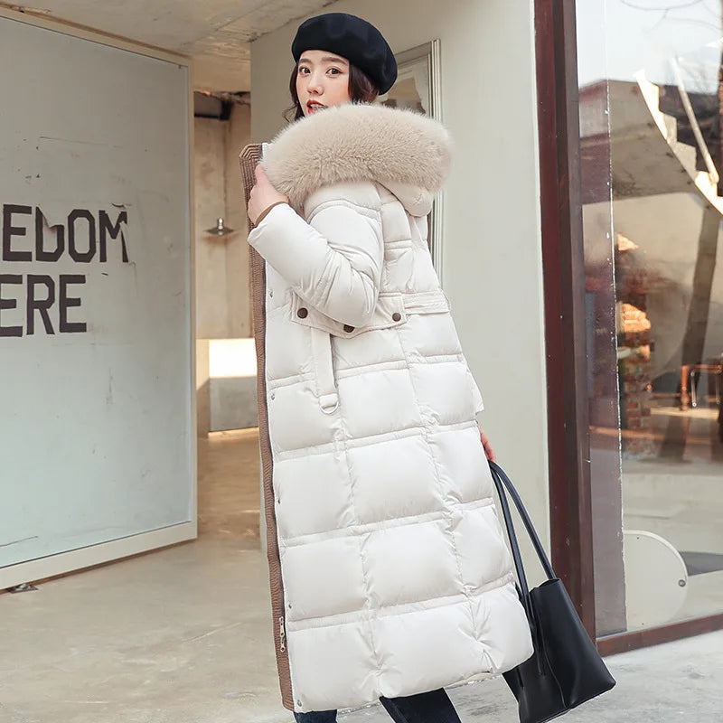 Winter 2025 New Women's Clothing Thickened Long Style Over the Knee Big Fur Collar Hooded Cotton Jacket Down Cotton Jacket Cot Lizbert