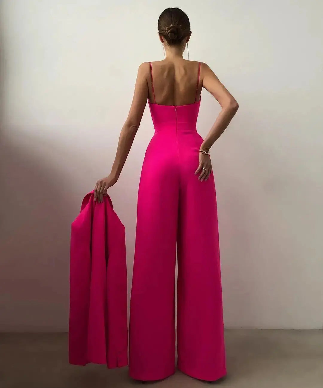 Chic Spaghetti Straps Wide Leg Pants Jumpsuits Elegant Fashion Women Ladies V-Neck High Waist Long Rompers Sleeveless Suit Lizbert