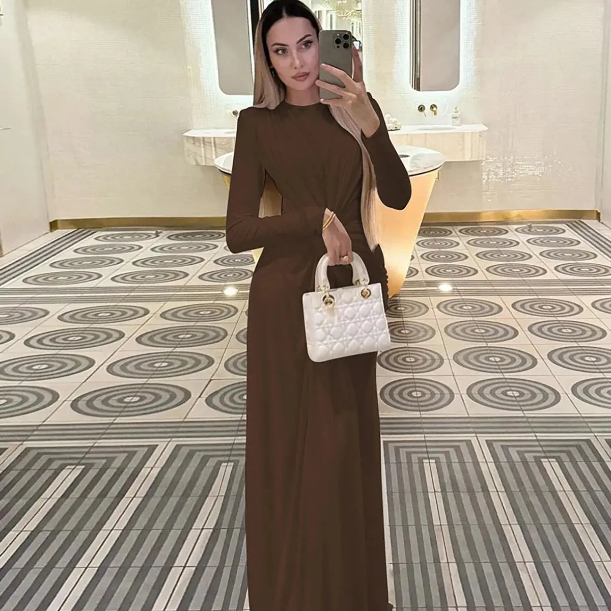 Ladies Autumn Elegant Evening Party Dress Women Long Sleeve O-Neck Ruched Fashion Maxi Dresses Night Club Streetwear Fall Outfit Lizbert