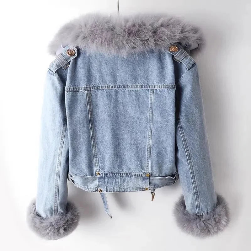 Women's Winter Denim Jacket Coat Fleece Lined Warm Cowboy Style With Removable Faux Fox & Rabbit Fur Liner Short Design Lizbert