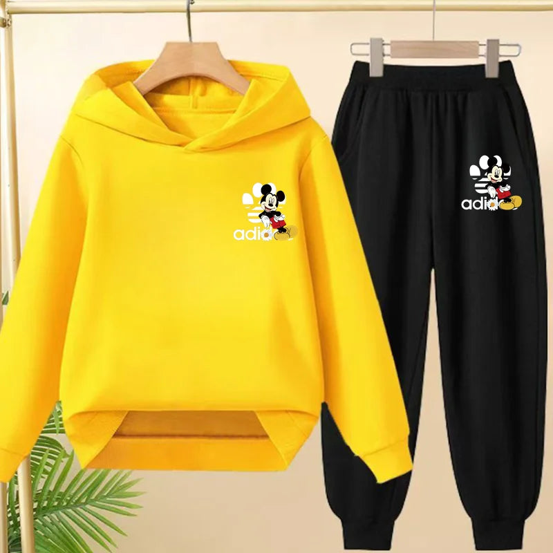 Children's Black Hoodie Anime Mickey Print Pullover 3-12Yrs Coat Sweatshirt+Pants Boys Girls Toddler Sports Clothing Leisure Set