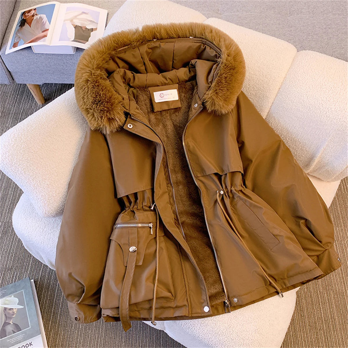 Women Autumn Winter Fashion Coats Korean Hooded Drawstring Padded Jackets Solid Female Casual Street Outfit Coat Zip Up Parkas Lizbert
