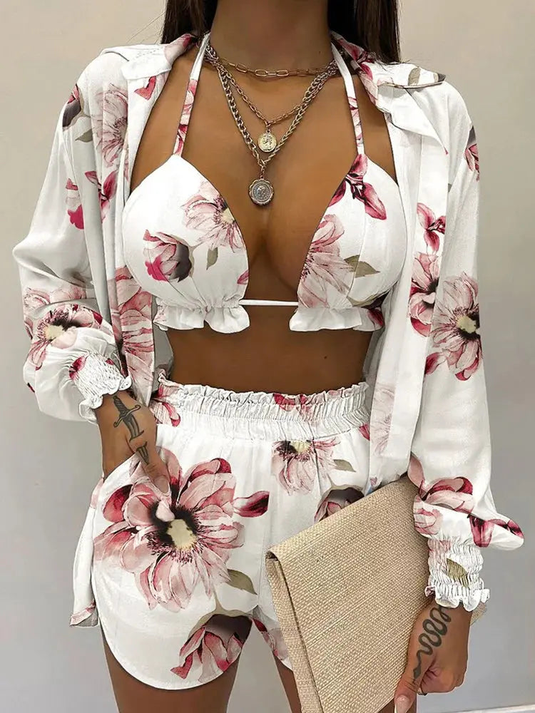 2024 New Bathing Suit Shorts Cover Up Summer Three Pieces Swimwear Sexy Beachwear High Waist Bikini Set Print Women's Swimsuit Lizbert