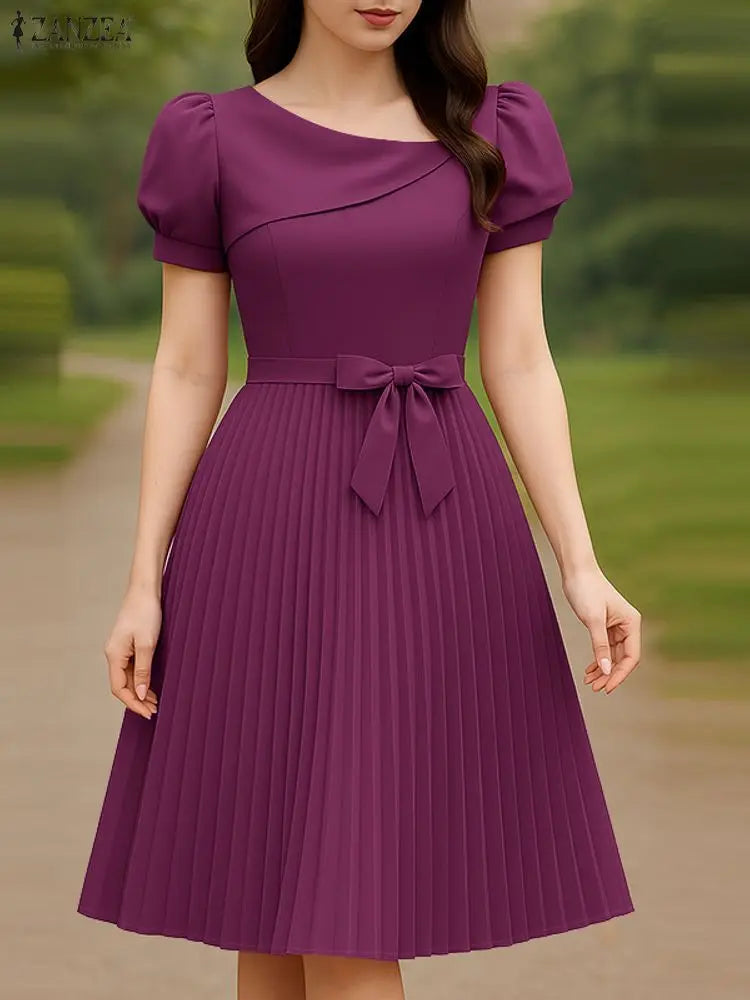 Elegant Square Neck Party Dresses ZANZEA Women 2025 Summer Dress Puff Sleeve OL Work  Vestidos Midi Robe Solid Pleated Sundress Lizbert