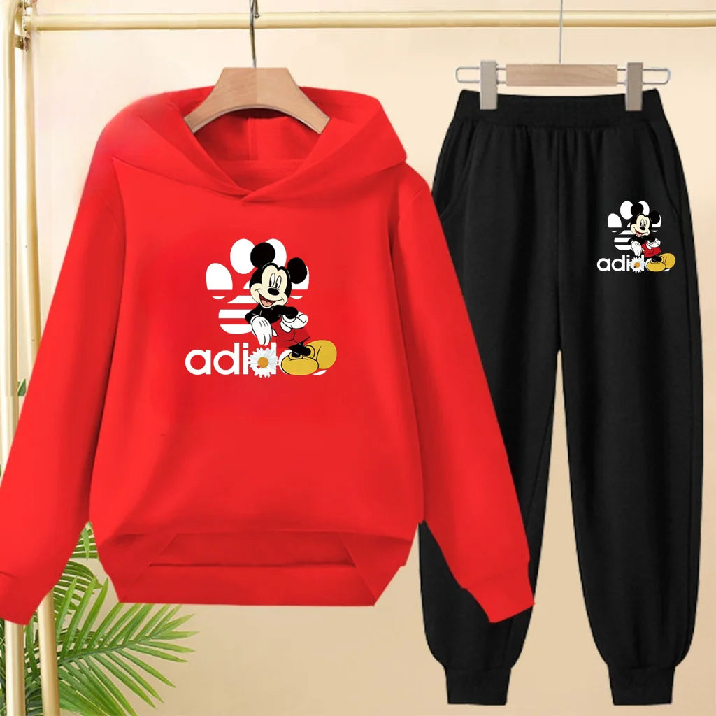 Children's Black Hoodie Anime Mickey Print Pullover 3-12Yrs Coat Sweatshirt+Pants Boys Girls Toddler Sports Clothing Leisure Set