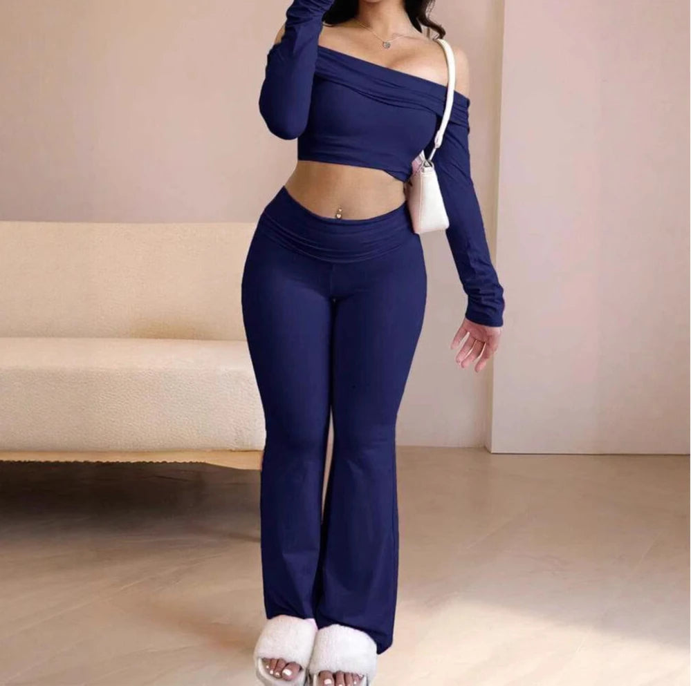 Casual Workout Two Piece Sets Woman Outfits Crop Long Sleeves Tops Foldover Flare Pants Tracksuit Suit Summer and Fall 2025 New - Lizbert