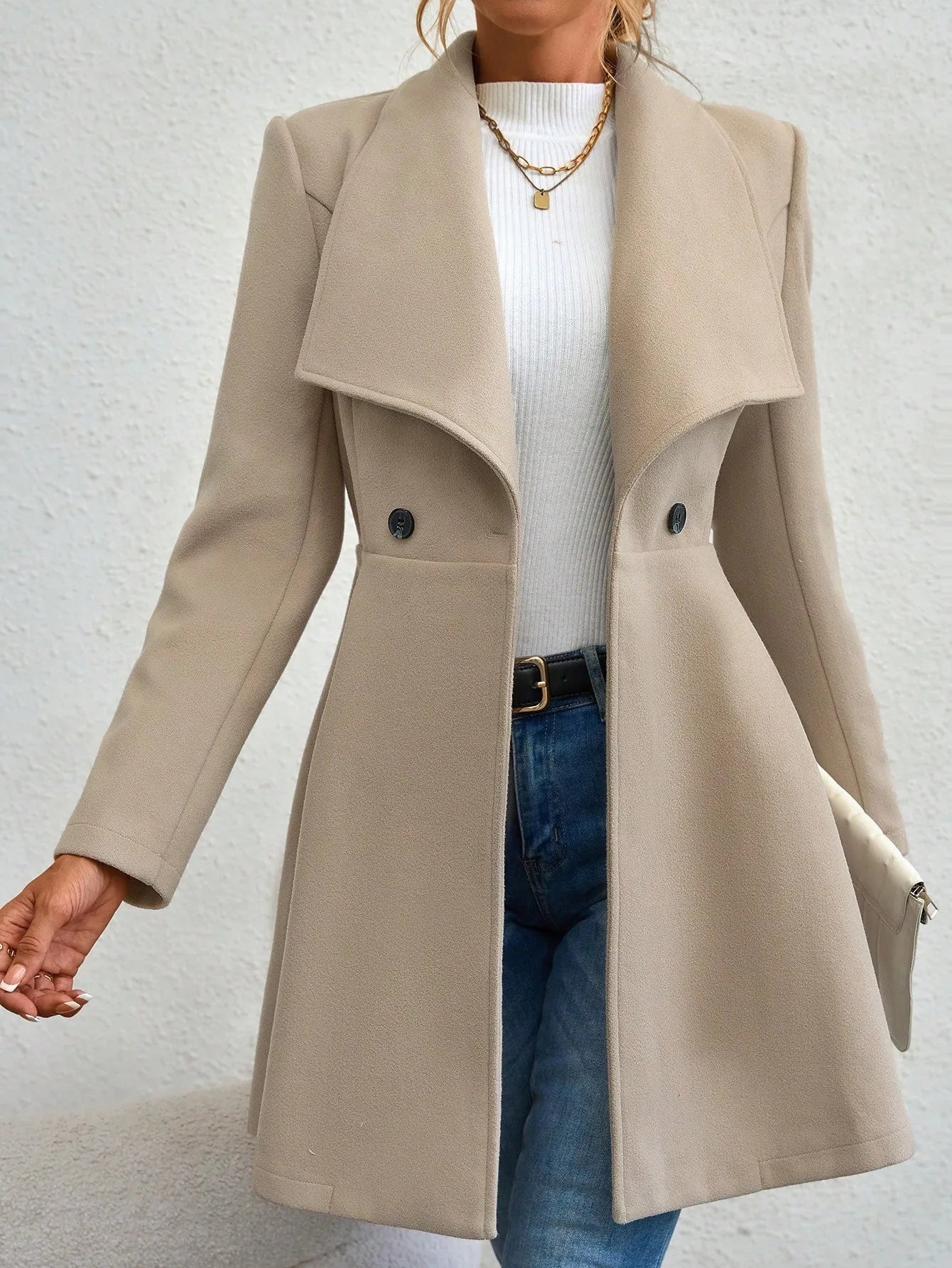 Europe America Autumn Winter New Style Womens Woolen Coat Fashion Trendy Lapel Button Slim Fit Solid Color Versatile Overcoat Lizbert