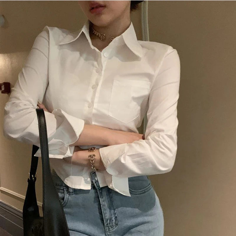 White Korean Sweet Shirt Y2K Slim Preppy Style Chiffon Female Long Sleeve Blouse Summer Fashion Office Casual Ladies Crop Tops Lizbert