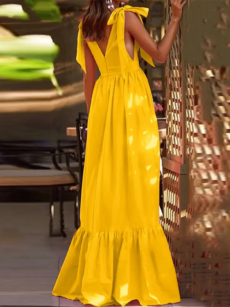 Sexy Summer Women V-Neck Sling Backless Dress Elegant Hollow Out BowKnot Long Party Dress Fashion Femme Dot Maxi Dress Vestido - Lizbert
