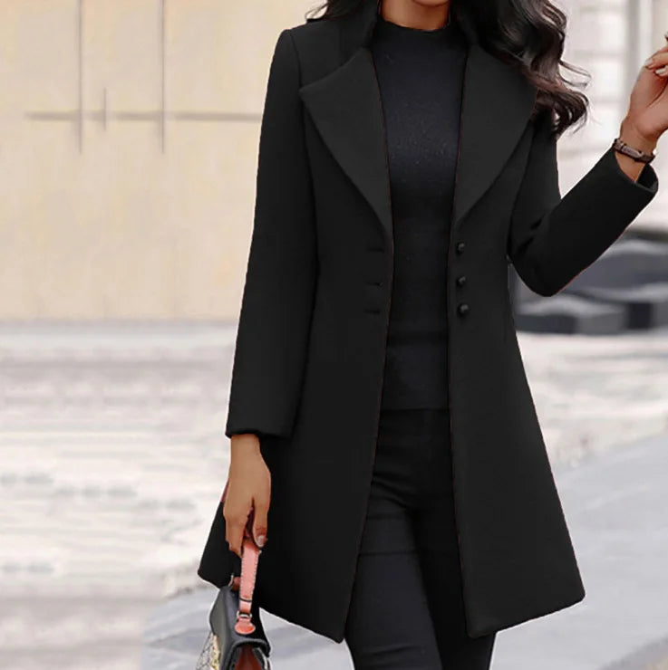 European and American autumn and winter coat Korean solid color slim mid-length button woolen coat Lizbert