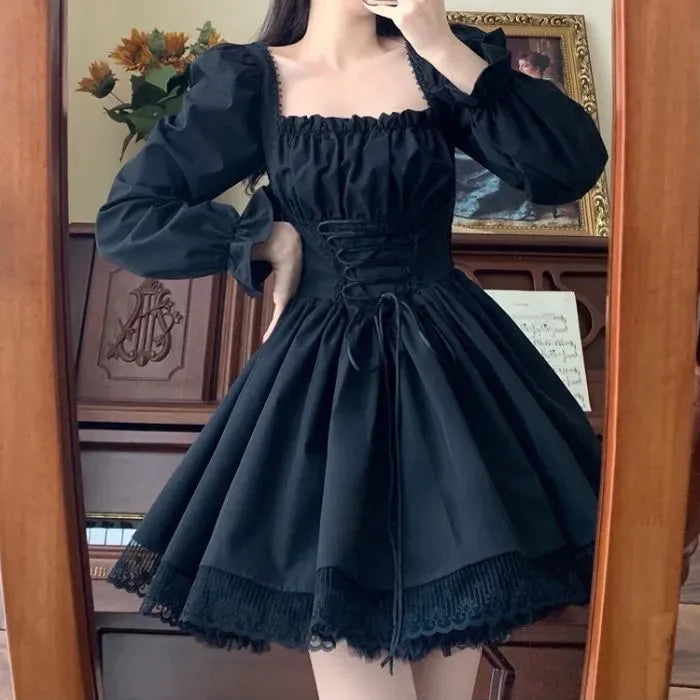 Halloween Gothic Grunge Punk Women Dress Long Sleeve Lace Slim Black Dresses New Y2K Harajuku Lolita Fairy Core Party Dress Lizbert