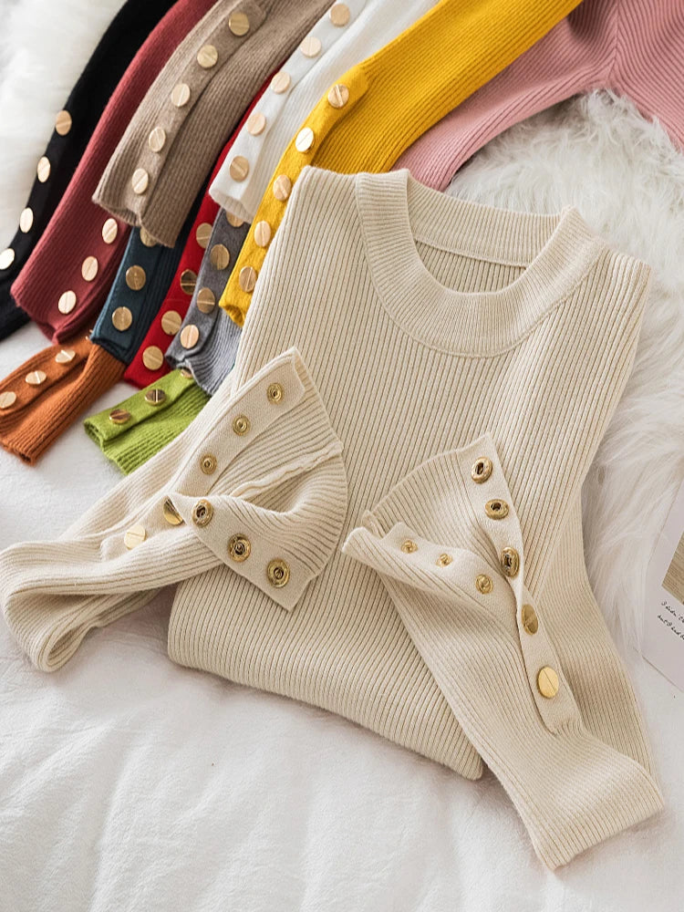 2025 women thick sweater pullovers khaki casual autumn winter button o-neck chic sweater female slim knit top soft jumper tops - Lizbert