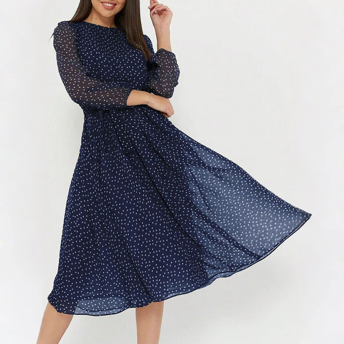 Print Dot Dress Women Casual Long Sleeve Round Neck Midi Dresses Lace Up Vocation Elegant Vestidos Summer 2025 Y2k Streetwear Lizbert