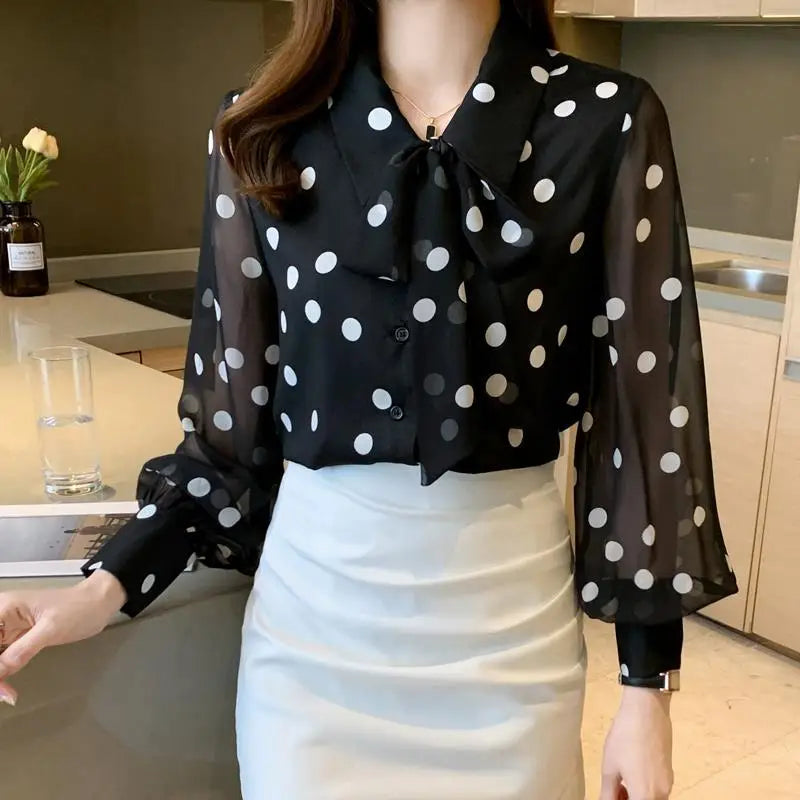Spring Summer Polka Dot Printing Chiffon Shirt Women Fashion Turn-down Collar Bow Long Sleeve Blouse Female Single Breasted Tops Lizbert