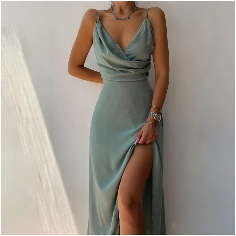Women Elegant Strap Sleeveless V Neck High Waist Folds Halter Slit Evening Long Dress Night Clubwear Sexy Corset Party Dress - Lizbert