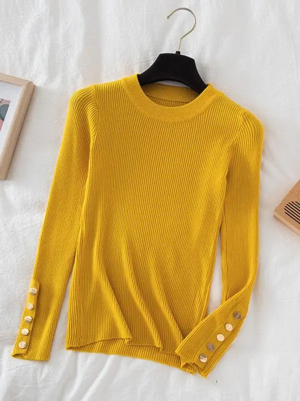 2025 women thick sweater pullovers khaki casual autumn winter button o-neck chic sweater female slim knit top soft jumper tops - Lizbert