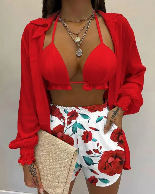 2024 New Bathing Suit Shorts Cover Up Summer Three Pieces Swimwear Sexy Beachwear High Waist Bikini Set Print Women's Swimsuit Lizbert
