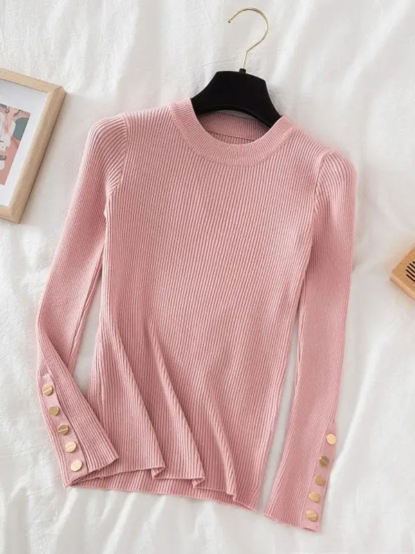2025 women thick sweater pullovers khaki casual autumn winter button o-neck chic sweater female slim knit top soft jumper tops - Lizbert