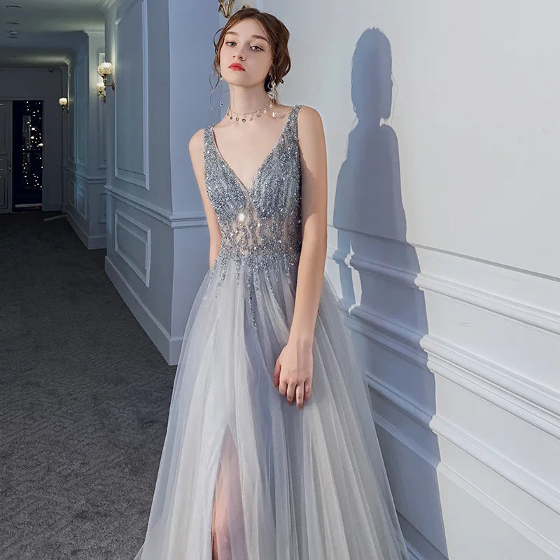 Summer Long Elegant Evening Party Gown V-Neck Prom Dresses Backless A-line Maxi Women Vestidos - Lizbert