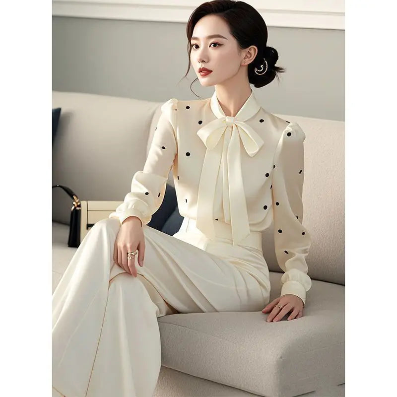 2026 Autumn Women's Polka Dot Bow Tie Blouse Long Sleeve Office Elegant Casual Chiffon Shirt French Style Stylish Ladies Tops Lizbert