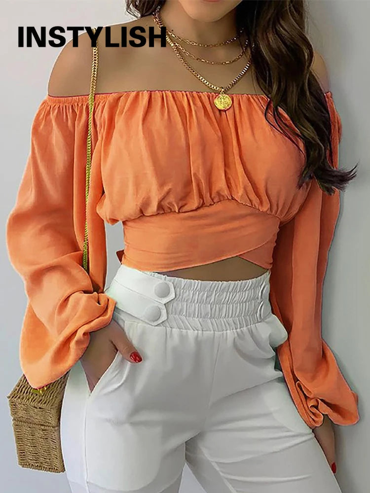 Women Elegant Boho Print Blouse Casual Long Lantern Sleeve Off Shoulder Slim Shirt Female Chic Cropped Top Summer Tunics Lizbert