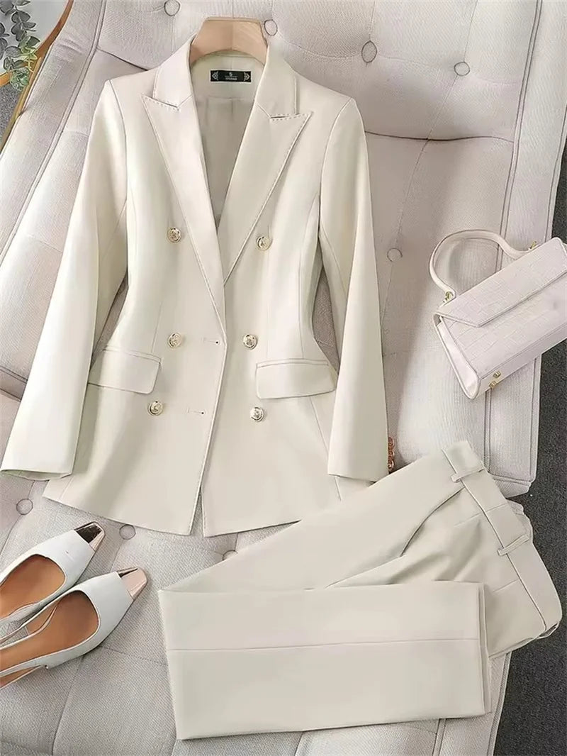 Fashion Office Ladies Pant Suit 2 Piece Sets Women Solid Double-breasted Business Work Wear Blazer Jacket and Trouser Female Lizbert
