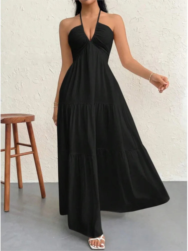 Sexy Deep V Neck Dress Lady Elegant Solid Halter Sleeveless Backless Loose Dresses For Women Fashion Beach Holiday Skirt Clothes - Lizbert