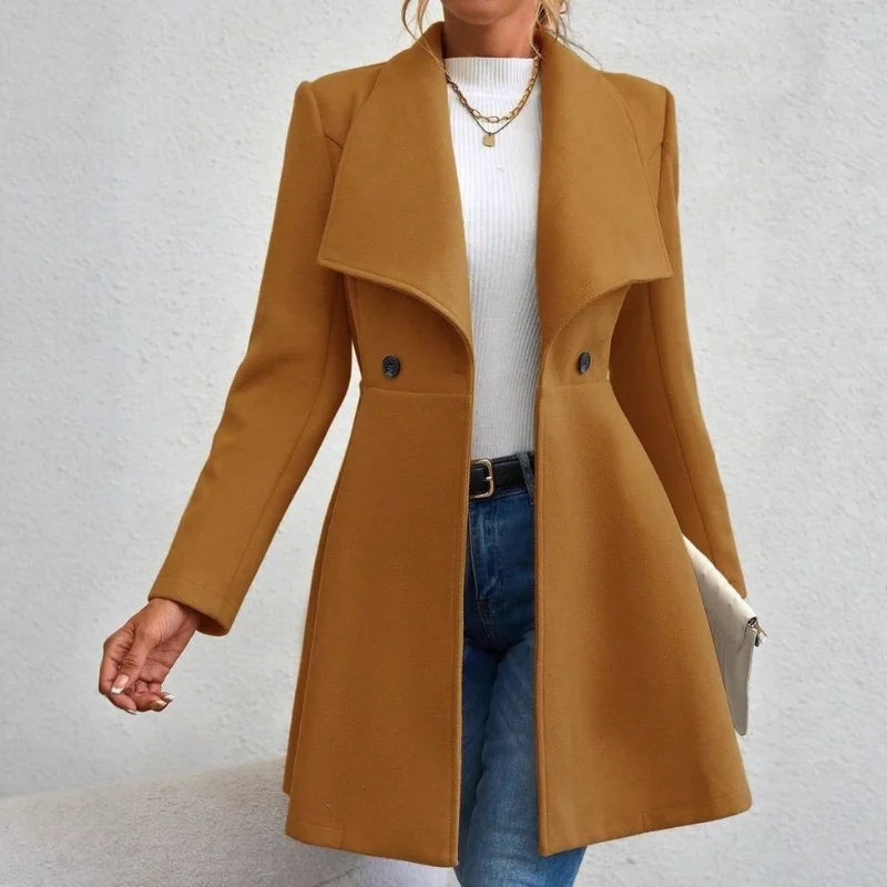 Europe America Autumn Winter New Style Womens Woolen Coat Fashion Trendy Lapel Button Slim Fit Solid Color Versatile Overcoat Lizbert