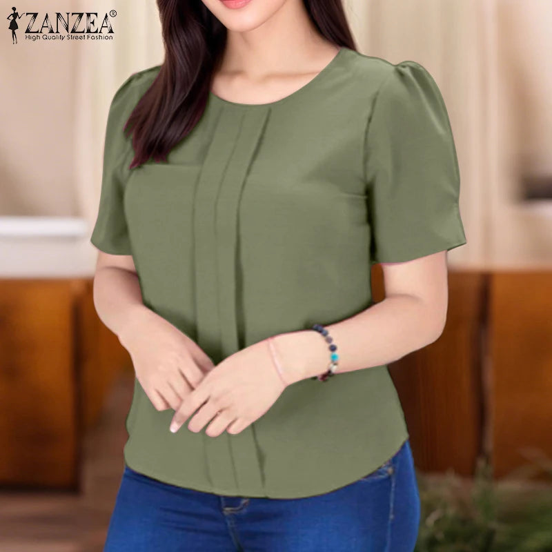 ZANZEA Korean Women Fashion Blouse Summer Short Sleeve Tunic Tops Casual Pleated Solid Color Shirts O-Neck Loose Blusas Feminina Lizbert
