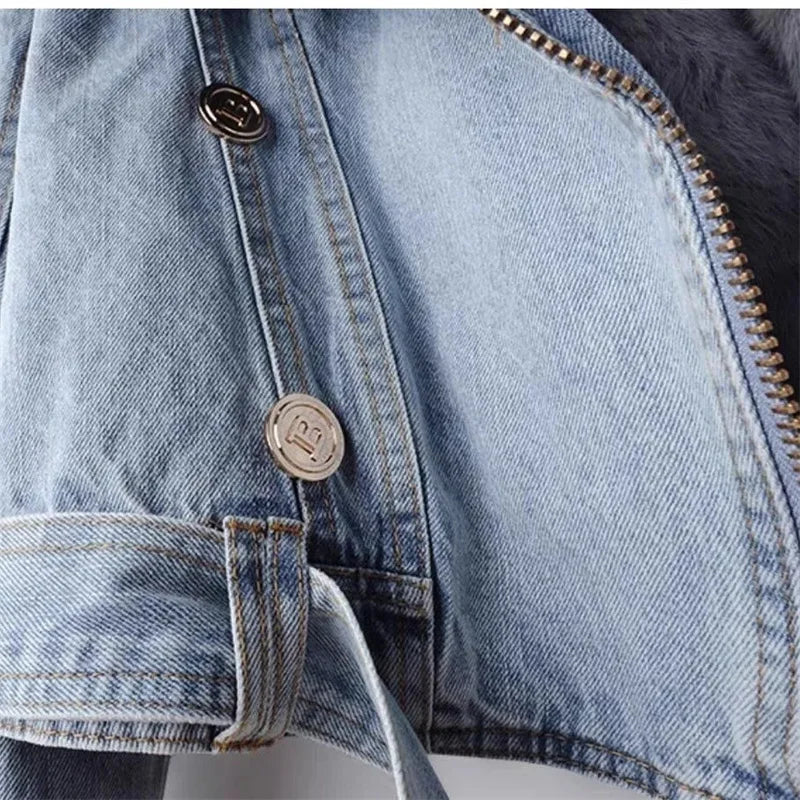 Women's Winter Denim Jacket Coat Fleece Lined Warm Cowboy Style With Removable Faux Fox & Rabbit Fur Liner Short Design Lizbert