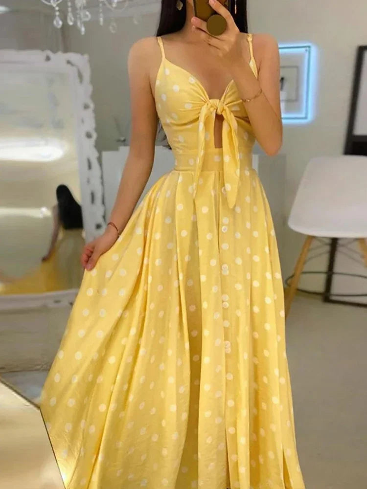 Sexy Summer Women V-Neck Sling Backless Dress Elegant Hollow Out BowKnot Long Party Dress Fashion Femme Dot Maxi Dress Vestido - Lizbert