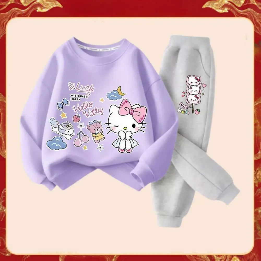 Spring Autumn Girl's Fashion Clothes Sets Kids Cartoon Hello Kitty Print Sweater Pullover Tops & Pants 2Pcs Outfit Tracksuit