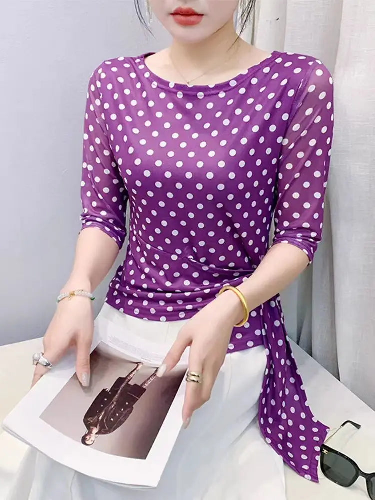Summer Half Sleeve T-shirts Women Print Polka Dots Mesh Tops Girl Irregular Sweet Tshirt Lizbert