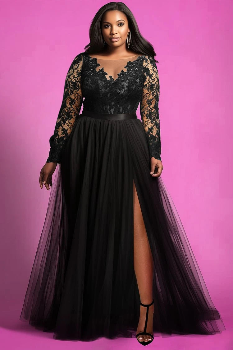 Plus Size Dress for Women Mesh Sexy V-neck See Through Lace Organza Evening Maxi Dress Long Sleeve Elegant Party Cocktail Dress - Lizbert