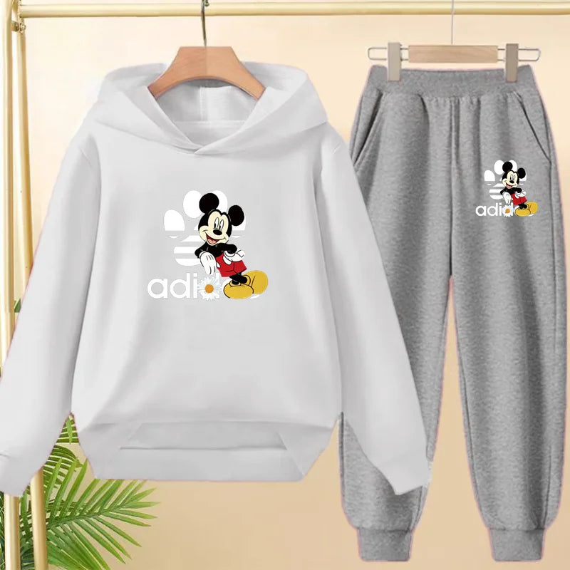 Children's Black Hoodie Anime Mickey Print Pullover 3-12Yrs Coat Sweatshirt+Pants Boys Girls Toddler Sports Clothing Leisure Set
